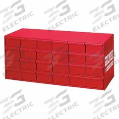 DURHAM MFG Drawer Bin Cabinet: 33 3/4 in x 11 3/4 in x 14 1/2 in, 24 Drawers, Stackable, Steel, Red (MPN 007-17-S1157). Key specifications — Cabinet Material: Steel; Includes Dividers: No; Drawer Color: Red; Cabinet Style: Drawer; Drawer Inside WxDxH: 4-7/8 in x 11-1/4 in x 2-3/4 in; Cabinet Color: Red; Drawer Material: Steel; Brand: DURHAM MFG.