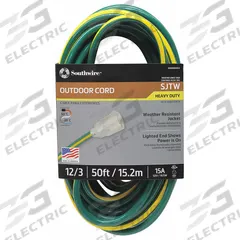SOUTHWIRE Extension Cord: Outdoor Use, 50 ft Lg, Outlet, 5-15P, 12/3, SJTW, Green/Yellow, 125V AC (MPN 2548SW0052). Key specifications — Brand: SOUTHWIRE; Temperature Rating: -40° to 140°F; NEMA Plug Configuration: 5-15P.