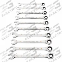 GEARWRENCH Combination Ratcheting Wrench Set: Alloy Steel, Full Polish Chrome, 12 Tools, Std, SAE (MPN 86927). Key specifications — attr309581: Full Polish Chrome; attr309580: Alloy Steel; attr309571: No; attr309583: No; attr309587: Yes; attr324931: GEARWRENCH; attr309569: 8 mm to 19 mm.