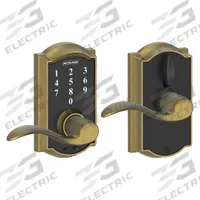 SCHLAGE RESIDENTIAL Electronic Keyless Lock: Touch Screen Keypad, Brass (MPN FE695 CAM609ACC). Key specifications — Product Type: Electronic Keyless Lock; Manufacturer Part Number: FE695 CAM609ACC; Access Method: Touch Screen Keypad; Key Override Options: Schlage "C" 6 Pin Keyway.