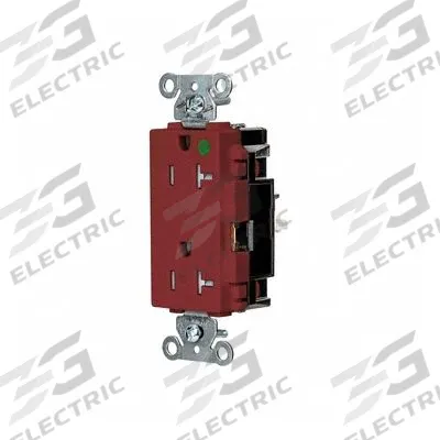 HUBBELL Receptacle: Hospital Grade, Decorator Duplex, 5-20R, Red, 125V AC, 20 A - General Purpose Receptacles