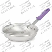 VOLLRATH Fry Pan: 8 in Top Dia, Aluminum, Silver, Silicone, NSF Certified, Natural, Aluminum, Purple (MPN 400880). Key specifications — Brand: VOLLRATH; Handle Color: Purple; NSF Certified: Yes; Product Type: Fry Pan; Body Color: Silver; Handle Material: Silicone; Body Material: Aluminum; Handle Type: Riveted.