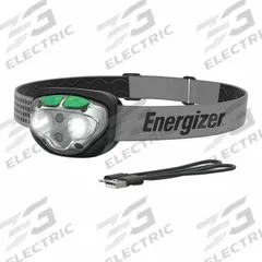 ENERGIZER Rechargeable Headlamp: Rechargeable, 400 lm Max. Brightness, 15 hr Max Run Time, Black (MPN ENIHDFRLPB). Key specifications — attr1391544: USB Cord; attr1391546: ENERGIZER; attr1440309: Includes Rechargeable.