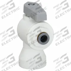 PARKER Manual Two-Way Ball Valve: 3/8 in, Polypropylene, Angle, Push x FNPT, One-Piece, Lever (MPN LFPP4VFE6). Key specifications — Brand: PARKER; Handle: Lever.
