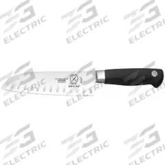 MERCER CUTLERY Santoku Knife: Granton Edge/Taper Ground Edge, 7 in Overall Lg, Steel Blade, Forged (MPN M20707). Key specifications — Sub-brand: Genesis; Brand: MERCER CUTLERY; Blade Material: Steel; Blade Type: Taper Ground Edge; Forged/Stamped: Forged; Handle Color: Black; Handle Material: Santoprene; Knife Type: Santoku Knife.