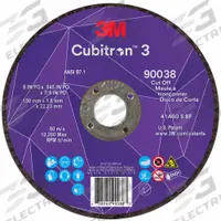 3M CUBITRON 3 Abrasive Cut-Off Wheel: Type 27, 6" x 0.045" x 7/8", Ceramic, 60 Grit (MPN 90038). Key specifications — Brand: 3M CUBITRON 3.