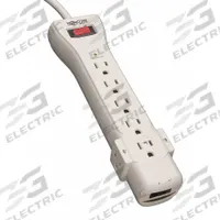 TRIPP LITE Outlet Strip: 7 Outlets, 6 ft Cord Lg, 1,080 J Rated Energy, 15 A Current, UL 1363, Gray (MPN SUPER6TEL). Key specifications — Brand: TRIPP LITE; Mounting Style: Keyhole.