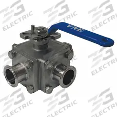 VNE Manual Three-Way Ball Valve: 2 1/2 in, 316 Stainless Steel, L Flow, 600 psi Max. Pressure (CWP) (MPN EG93CCC-62.5). Key specifications — Brand: VNE; Inlet Connection Entry: Side; Average Surface Roughness (Ra): 20 micron; Handle: Locking Lever.