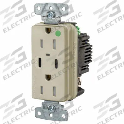 HUBBELL Receptacle: Duplex, 5-15R, 2 USB Ports, USB Type A/C, Ivory, 125V AC - Hospital-Grade Receptacles with USB Chargers