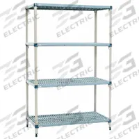 METRO Shelf Plastic Industrial Shelving (4): 24 in x 24 in, 62 in Overall Ht, 4 Shelves (MPN Q516G3). Key specifications — Resistance Properties: Antimicrobial; Shelf Adjustment Type: Quick-Adjust; Frame Material: Steel; Shelving Material: Polymer; Brand: METRO.