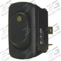 EATON Lighted Rocker Switch: 2 Positions, SPST, Off/On (MPN XR1AEX4NV1XX). Key specifications — AC Contact Rating: 10 A @ 277 V; Horsepower: 3/4 hp @ 277 V; Operator Illumination: Illuminated; Terminal Connection Type: 0.25 in Quick Connect Tab; Includes Lens: No Lens Included; Series: X; Displayed Brand: EATON; Manufacturer Part Number: XR1AEX4NV1XX.