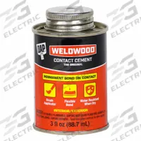 DAP Contact Cement: Weldwood Original, Gen Purpose, 3 fl oz, Bottle, Tan, Water-Resistant (MPN 00107). Key specifications — Primary Applications: General Purpose; For Surface Type: Non-Porous or Porous; Adhesive Color: Tan; Application Method: Roll On; Heat Resistant: Yes; Low Odor: No; Water Resistance: Water-Resistant; Standards: ASTM C-834-76.
