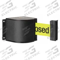 LAVI Retractable Belt Barrier: Fixed Mounting Plate, 24 ft Belt Lg, Restricted Access Messaging (MPN 50-3015WB/24/FY/F7). Key specifications — Message Color: Black; Frame Color: Black; Brand: LAVI; Belt Color: Yellow.