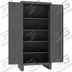 DURHAM MFG Pegboard Cabinet: 36 in x 24 in x 78 in, Swing Handle & Padlock Hasp, 12 ga Panel Thick (MPN HDCP243678-PB32-4S95). Key specifications — Cabinet Color: Gray; Method of Construction: Welded; Base Type: Legs; Assembled: Assembled; Mobility: Stationary; Adjustable Shelves: Adjustable; Cabinet Finish: Powder Coated; Cabinet Material: Steel.
