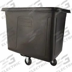 RUBBERMAID COMMERCIAL PRODUCTS Cube Truck: 14 cu ft, 500 lb, 44 1/8 in L x 31 in W x 32 1/2 in H (MPN FG461400BLA). Key specifications — Manufacturer Part Number: FG461400BLA; Brand: RUBBERMAID COMMERCIAL PRODUCTS; Caster/Wheel Configuration: (2) Rigid; Color: Black.