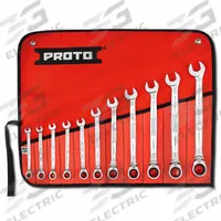 PROTO Combination Wrench Set: Alloy Steel, Chrome, 11 Tools, 1/4 in to 3/4 in Range of Head Sizes (MPN JSCV-11SB). Key specifications — attr309581: Chrome; attr309580: Alloy Steel; attr309571: Yes; attr309583: No; attr309587: Yes; attr324931: PROTO; attr309569: 1/4 in to 3/4 in; attr309572: Tool Roll.