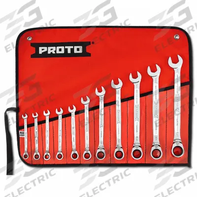 PROTO Combination Wrench Set: Alloy Steel, Chrome, 11 Tools - SAE 12-Point Ratcheting Combination Wrench Sets