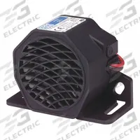 ECCO Vehicle Backup Alarm: Fixed, Multi-Freq, 97 dB Max Sound Level, 12-24V DC, 4 in Lg, 1 5/8 in Wd (MPN EA5200). Key specifications — Alarm Tone Type: Multi-Frequency; Mount Type: Bolt; Connector Type: 16 AWG Blunt Cut Wire; Brand: ECCO; SAE Type Rating: Type C; Operating Voltage: 12-24V DC.