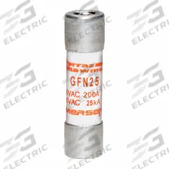 MERSEN Fuse: GFN Series, Midget, Time-Delay, 25 A, 32 V AC, 13/32 in x 1 1/2 in, Indicating (MPN GFN25). Key specifications — Series: GFN; Brand: MERSEN.