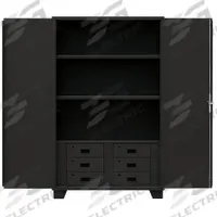 JAMCO Storage Cabinet: 48 in x 24 in x 78 in, Swing Handle & Padlock Hasp, 14 ga Panel Thick, Legs (MPN HG248BL). Key specifications — Cabinet Color: Black; Method of Construction: Welded; Base Type: Legs; Assembled: Assembled; Mobility: Stationary; Adjustable Shelves: (2) Adjustable; Cabinet Finish: Powder Coated; Cabinet Material: Steel.