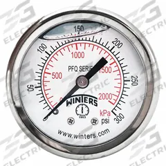 WINTERS Panel-Mount Pressure Gauge: Front Flange, 0 psi to 300 psi, 2 in Dial, 1/4 in NPT Male, PFQ (MPN PFQ2492-DRY-2FF). Key specifications — Accuracy: ±2.5%; Brand: WINTERS; Vibration Resistance Properties: Field-Fillable; Gauge Wetted Parts: Brass / Bronze.