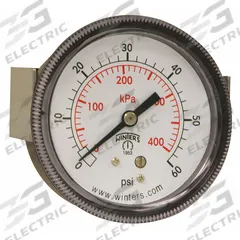 WINTERS Panel-Mount Pressure Gauge: U-Clamp, 0 psi to 60 psi, 2 1/2 in Dial, 1/4 in NPT Male, P9U 90 (MPN P9U901438UC). Key specifications — Accuracy: ±2-1-2%; Brand: WINTERS; Vibration Resistance Properties: Dry Case Vibration-Dampened; Gauge Wetted Parts: Brass / Bronze.