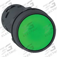 SCHNEIDER Flush Push Button: Green, 22 mm Mounting Size, Non-Metallic, Momentary (MPN XB7NA33). Key specifications — Brand: SCHNEIDER; Action: Momentary; Series: XB7; Push Button Material Type: Non-Metallic.