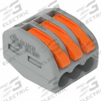 WAGO Lever Wire Connector: 3 Port, 28 AWG – 12 AWG Solid Wire Size Range, 20 A, 600 V, 222 Series (MPN 222-413/K194-4045). Key specifications — attr1307071: WAGO; attr1307104: Lever; attr1351713: 222.