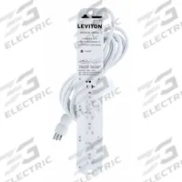 LEVITON Outlet Strip: 6 Outlets, 15 ft Cord Lg, 644 J Rated Energy, 20 A Current, White, 5-20P (MPN 5306M-2N5). Key specifications — Brand: LEVITON; Mounting Style: Screw.