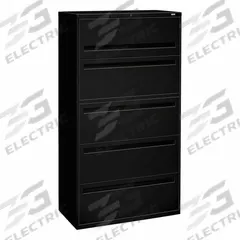 HON Lateral File Cabinet with Drawer: Black, 5 Drawers, 64 1/4 in Overall Ht, 18 in Overall Dp (MPN H785.L.P). Key specifications — attr988670: Unfinished; attr988694: Steel; attr988716: Lateral File Cabinet with Drawer; attr988691: Integrated; attr988652: HON; attr988656: Black; attr988720: Handle.