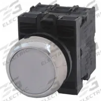 EATON Illuminated Push Button: Illuminated, Flush Profile, Metallic, 22 mm, 2NO (MPN M22M-DL-W-K20-230W). Key specifications — Brand: EATON; Action: Momentary; Series: M22; Push Button Material Type: Metallic.