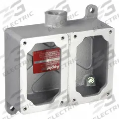 APPLETON ELECTRIC Mounting Body: 2 Gangs, Copper-Free Aluminum, 1 in Hub Size, Dead End, Rectangular (MPN EFD210A-NL-Q). Key specifications — Brand: APPLETON ELECTRIC; Hub Type: Dead End.