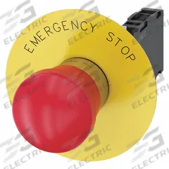 SIEMENS Emergency Stop Push Button: Non-Illuminated, Mushroom Head Profile, Non-Metallic, 22 mm (MPN 3SU1150-1HA20-1FG0). Key specifications — Brand: SIEMENS; Action: Maintained; Series: 3SU; Push Button Material Type: Non-Metallic.