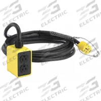 KH INDUSTRIES Pendant Drop Outlet Box: 50 ft Lg, 12/3, 5-15P Plug, 4 Outlets, 15 A Current, 125V AC (MPN PP4DD-515-B12K-515). Key specifications — Brand: KH INDUSTRIES; Power Indicator: No; Temperature Rating: -40° to 194°F; NEMA Plug Configuration: 5-15P.