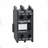 SCHNEIDER Auxiliary Contact Block: 1NO/1NC, 10 A Max Current (AC), Front Mount, Front-Mounted (MPN DPEAN11). Key specifications — Brand: SCHNEIDER; Compatible with Series: TeSys.