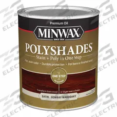 MINWAX Wood Stain: Wood Stain and Sealer, Interior, Oil, 1 qt Container Size, Wood, Satin, Minwax (MPN 61380444). Key specifications — Brand: MINWAX; Transparency: Semi-Transparent; Use Location: Interior; Sheen: Satin; Sub-Brand: Minwax; Color: Bombay Mahogany.