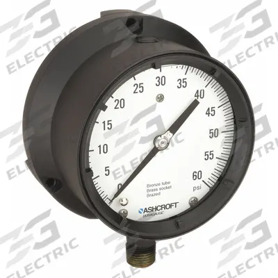 ASHCROFT Process Pressure Gauge: 0 psi to 60 psi, White, 4 1/2 in Dial, 1/2 in NPT Male - Vibration-Resistant Brass/Bronze Wetted Parts & Plastic Casing