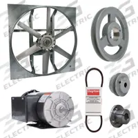 Exhaust Fan with Drive Package: Belt Drive, 30 in Blade, 2 hp, 14,990 cfm, 115/208-230V AC, 1 ph (MPN 7M899). Key specifications — Frame Finish: Zinc Plated; Assembled: Unassembled; Brand: DAYTON; Nameplate Voltage: 115/208-230V AC; Frame Material: Steel; Guard Type: None; Method of Construction: Cast; Motor Insulation: Class B.