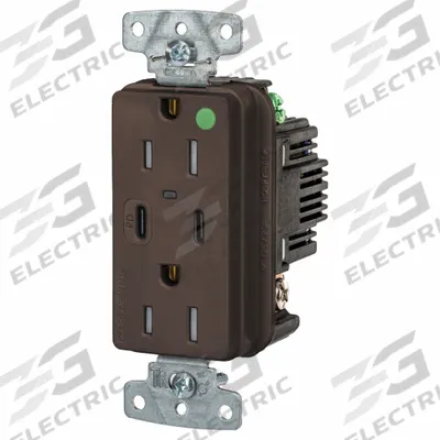HUBBELL Receptacle: Duplex, 5-15R, 2 USB Ports, USB Type A/C, Brown, 125V AC - Hospital-Grade Receptacles with USB Chargers