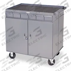 DURHAM MFG 2 Sided Mobile Cabinet Bench: 34 in x 24 in, Steel, 1,200 lb Overall Load Capacity, Gray (MPN 662-95). Key specifications — Included Components: Handle on Side; Assembly: Fully Assembled; Brand: DURHAM MFG.
