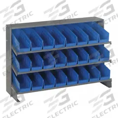 QUANTUM STORAGE SYSTEMS Bench Pick Rack: 36 in x 12 in x 27 in, 1 Usable Sides, 3 Shelves, 24 Bins (MPN QPRHA-201BL). Key specifications — Bin HxWxD: (24) 6 in x 4-1/8 in x 11-5/8 in; Frame Material: Steel; Frame Color: Gray; Bin Color: Blue; Brand: QUANTUM STORAGE SYSTEMS.