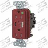 USB Receptacle: Duplex, 5-15R, 2 USB Ports, USB Type A/C, Red, 125V AC, 15 A (MPN USB8200ACPDR). Key specifications — Brand: HUBBELL.