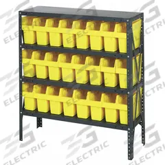 QUANTUM STORAGE SYSTEMS Bin Shelving: 36 in x 18 in x 39 in, 1 Sided, 24 Bins, Open, Shelf Bin (MPN 1839-SB803YL). Key specifications — Includes Bins: Yes; Bin Material: Polypropylene; Frame Color: Gray; Bin HxWxD: (24) 8 in x 4-3/8 in x 17-7/8 in; Frame Material: Steel; Bin Color: Yellow; Bin Style: Shelf; Brand: QUANTUM STORAGE SYSTEMS.