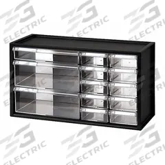 WESTWARD Drawer Bin Cabinet: 17 3/4 in x 7 in x 9 3/4 in, 13 Drawers, Stackable, Polystyrene, Black (MPN 31TT94). Key specifications — attr66719: Polystyrene; attr66728: Yes; attr66722: Clear; attr66720: Drawer; attr66714: Assembled; attr66726: (1) 1-1/2 in x 8-3/4 in x 6-1/4 in; attr66716: Black; attr66753: Polystyrene.