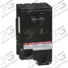 SQUARE D Miniature Circuit Breaker: 200 A, 120/240V AC, Single Phase, 10kA at 120/240V AC, 2 Poles (MPN QO2200). Key specifications — Phase: Single; Amps: 200 A; AC Voltage Rating: 120/240V AC; Max. AIR Rating: 10kA at 120/240V AC; For Use With: QO Load Centers and NQ Panelboards; Brand: SQUARE D.