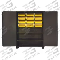 JAMCO Bin Cabinet: 60 in x 24 in 78 in, 2 Shelves, 12 Bins, Yellow, Solid, 14 ga Panel, Black, Solid (MPN HH260BL). Key specifications — Bin Color: Yellow; Bin HxWxD: (12) 7 in x 16-1/2 in x 14-3/4 in; Assembled: Assembled; Cabinet Style: Shelf and Bin; Brand: JAMCO; Cabinet Color: Black; Cabinet Finish: Powder Coated; Cabinet Material: Steel.