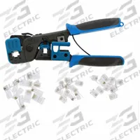 IDEAL Crimper and Connector Kit: For F Connectors, Cat 5e/Cat 6/STP/UTP, 8 in Overall Lg (MPN 33-700). Key specifications — attr470438: Ratcheting Crimper; attr470441: Cat 6; attr542328: 10 RJ11 Modular Plugs, 20 RJ45; attr470442: F Connectors; attr470440: Compact; attr424247: IDEAL.