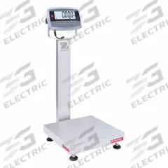OHAUS Industrial Bench Scale: 18 in x 18 in, IP68/IP69K, Column-Mounted, Stainless Steel (MPN D61PW50WQL7). Key specifications — Connection Ports: Infrared Communication Kit; Readability: 0.005 lb/2 g; Brand: OHAUS; Weighing Surface Material: Stainless Steel.