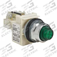 SCHNEIDER ELECTRIC Pilot Light: 30 mm Panel Mounting Size, Green, Incandescent, 9001K Series (MPN 9001KT35G31). Key specifications — Series: 9001K; Brand: SCHNEIDER; Includes Push-To-Test: Push-To-Test Included.