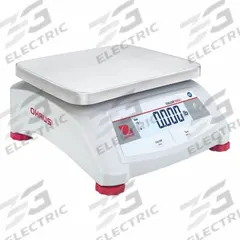 OHAUS Food Scale: 9 5/8 in Weighing Surface Dp, 7 1/2 in Weighing Surface Wd, 4 3/4 in Overall Ht (MPN V12P15 AM). Key specifications — Connection Ports: RS-232; Readability: 0.005 lb/2 g; Brand: OHAUS; IP Rating: Not IP Rated.